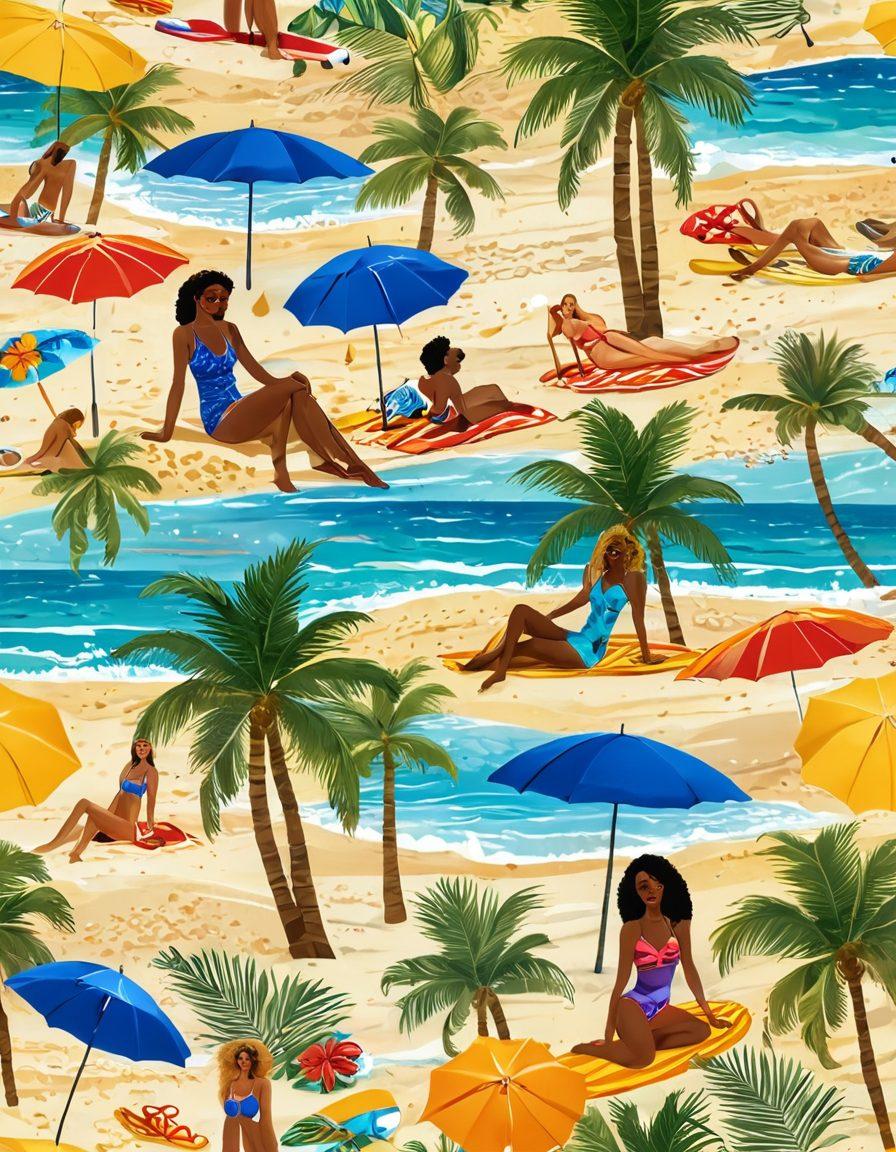 A sun-kissed beach scene featuring fashionable swimwear models lounging by the shore, showcasing vibrant and eye-catching designs. The background includes golden sands and rolling waves with beach umbrellas and surfboards. Add a hint of flirtation with playful poses and smiling expressions, enhancing the lively atmosphere. Include tropical palm trees swaying in the gentle breeze for a summery vibe. super-realistic. vibrant colors. beach setting.